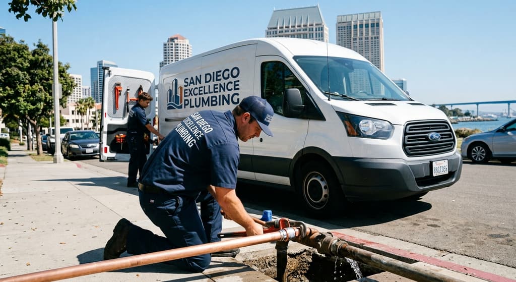 San Diego Excellence Plumbing technicians repairing a copper water service line at the curb, branded service van and the downtown San Diego skyline behind them